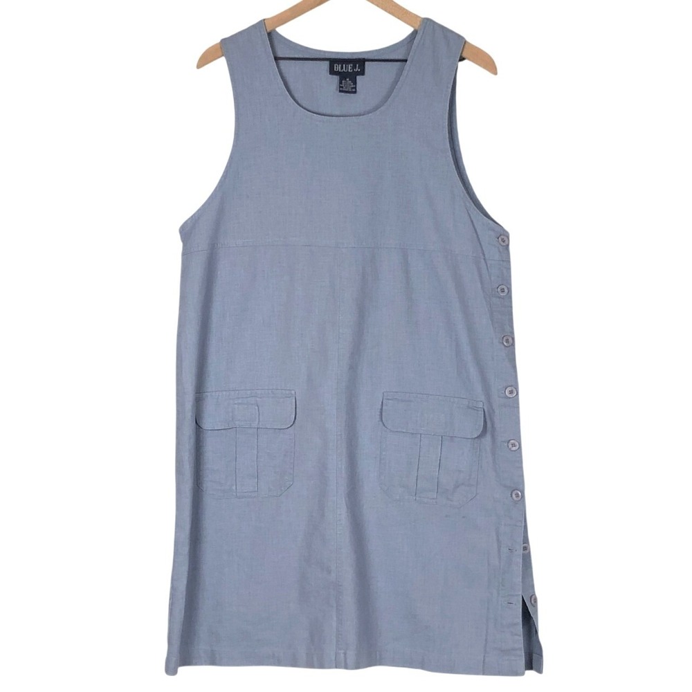 VTG Blue J. Linen Cotton Side Button Jumper Dress Sz M Cargo Pockets Sleeveless
